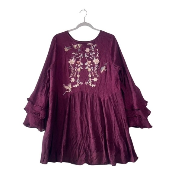 Umgee Burgundy Embroidered Ruffle-Sleeve Tunic Dress – Size Large - Picture 10 of 11